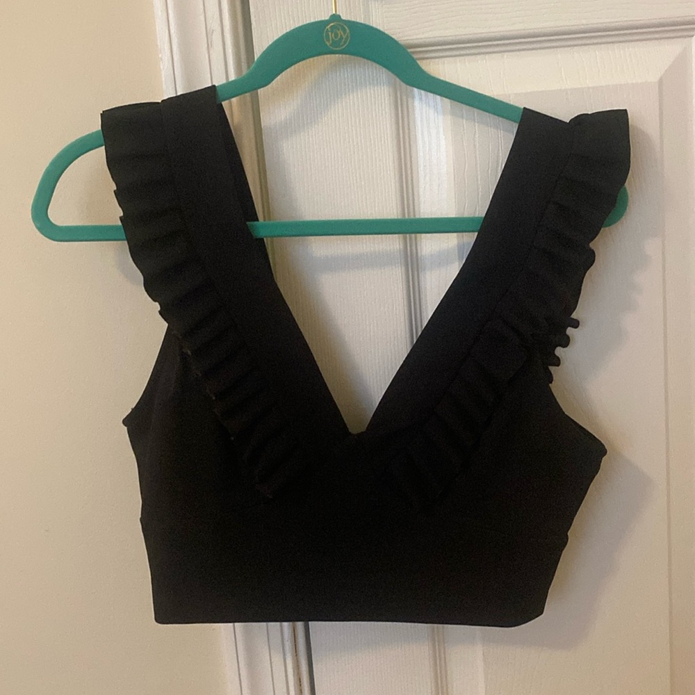 Ruffled strap low-cut black crop top